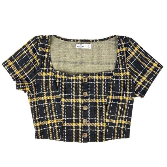 Hollister Tops - Hollister Black & Yellow Plaid Crop Top Small